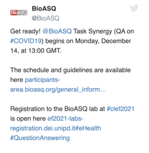 Screen capture of the BioASQ Twitter account's post promoting registration for the competition.