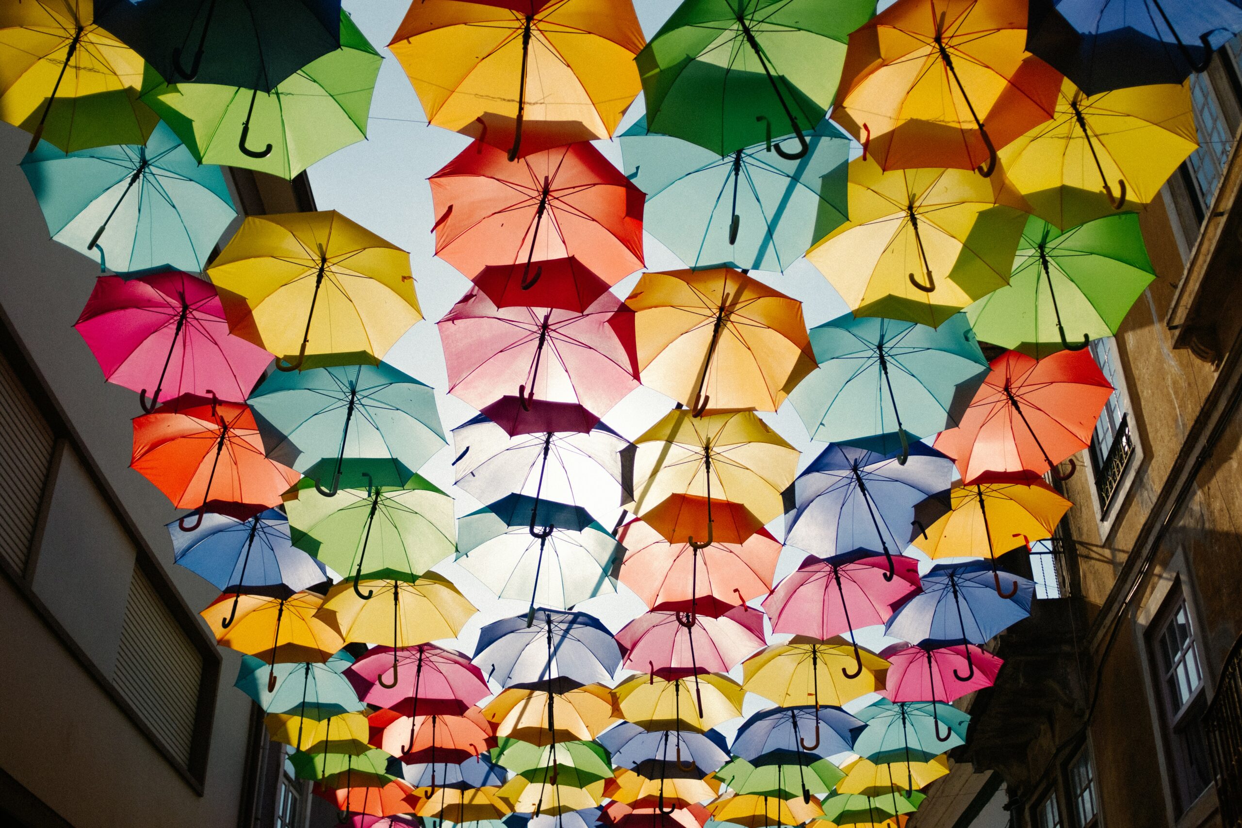 multi-colored umbrellas overhead