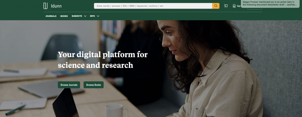 The Idunn homepage, featuring an image of a person with long hair reading on a laptop screen. Text reads, "your digital platform for science and research."