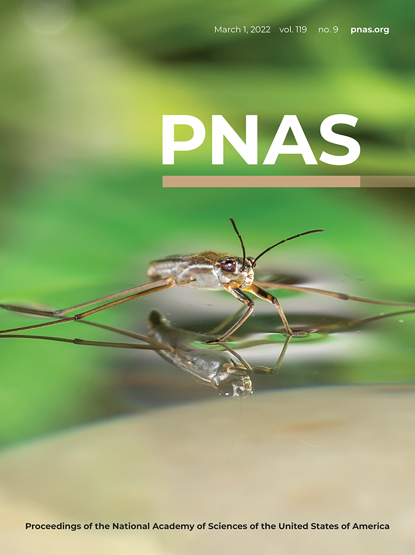 Journal cover with the new PNAS design, featuring a close-up image of a water-strider.