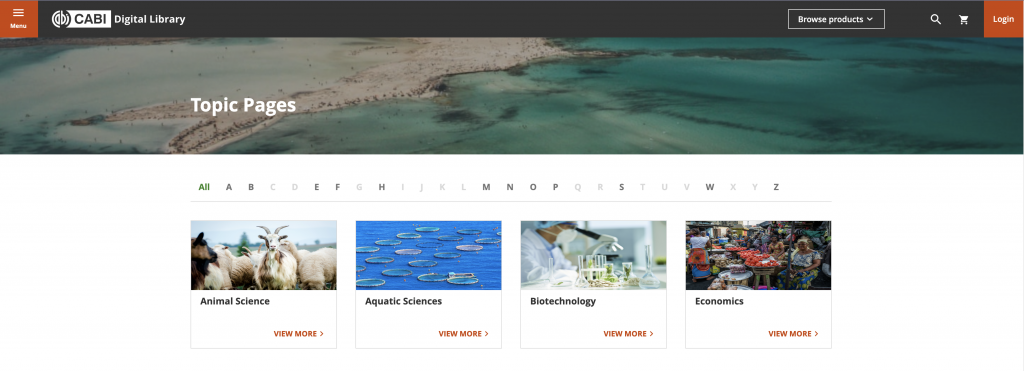 Preview of new CABI topics page, showing the first row of topics: Animal Sciences, Aquatic Sciences, Biotechnology, and Economics